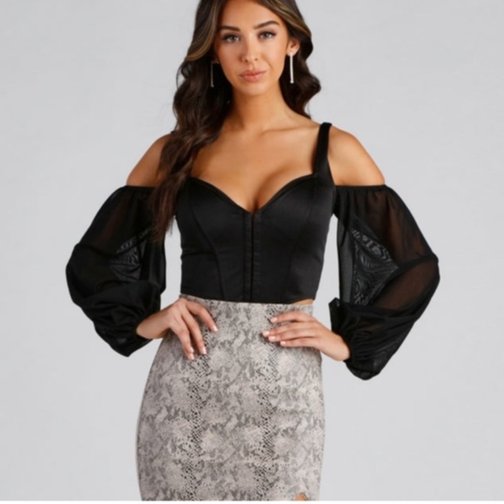 Windsor Black Satin Corset with Sheer Sleeves top size XS